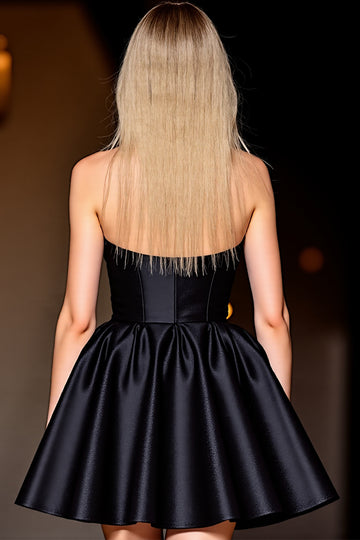 Halter Black Satin A Line Homecoming Dress